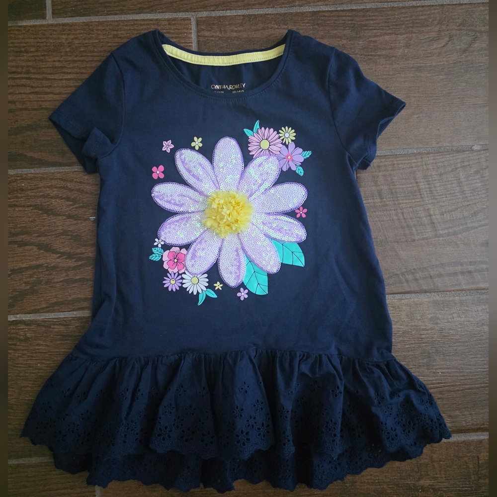 Cynthia Rowley Navy Floral Ruffle Tee with Yellow Daisy
